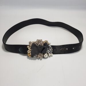 Cabi Rhinestone & Pearl Designer Signed Belt Buckle & Leather Belt
